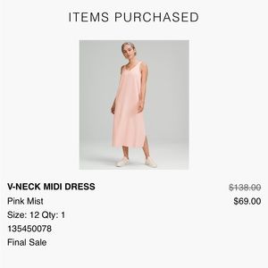 Lululemon woman’s v neck midi dress. Soft pink. Lined. Side slit. Size 12. NWT